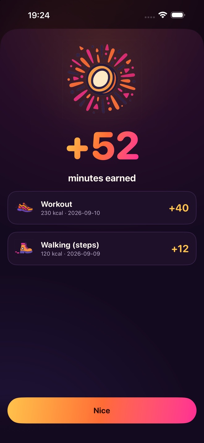 The credit reveal after a workout lands.